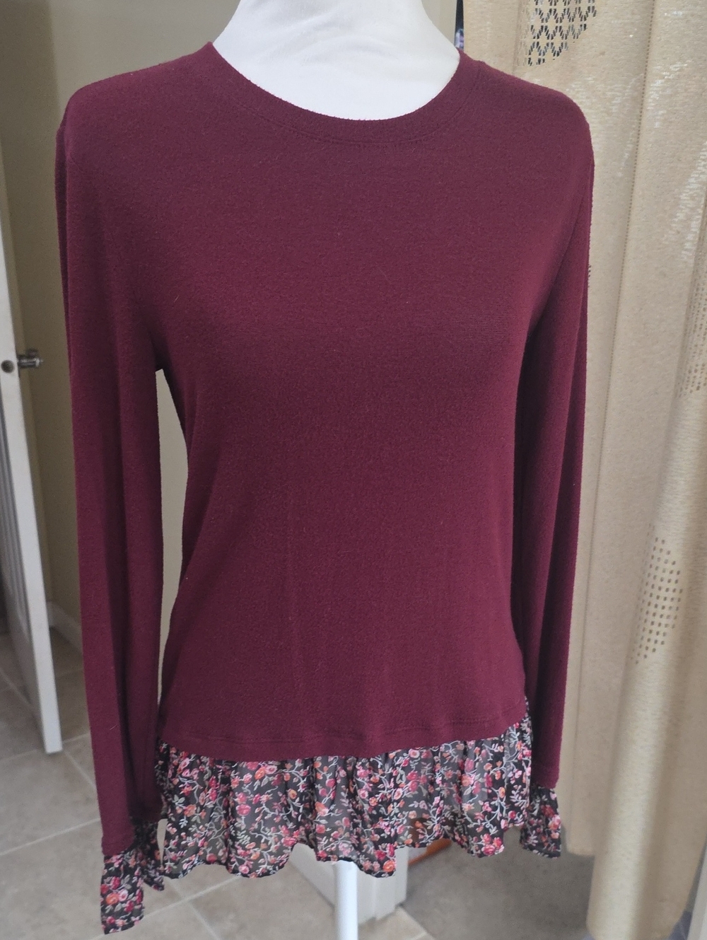 Maison Jules Burgundy Long Sleeve Top with Floral Ruffle Hem